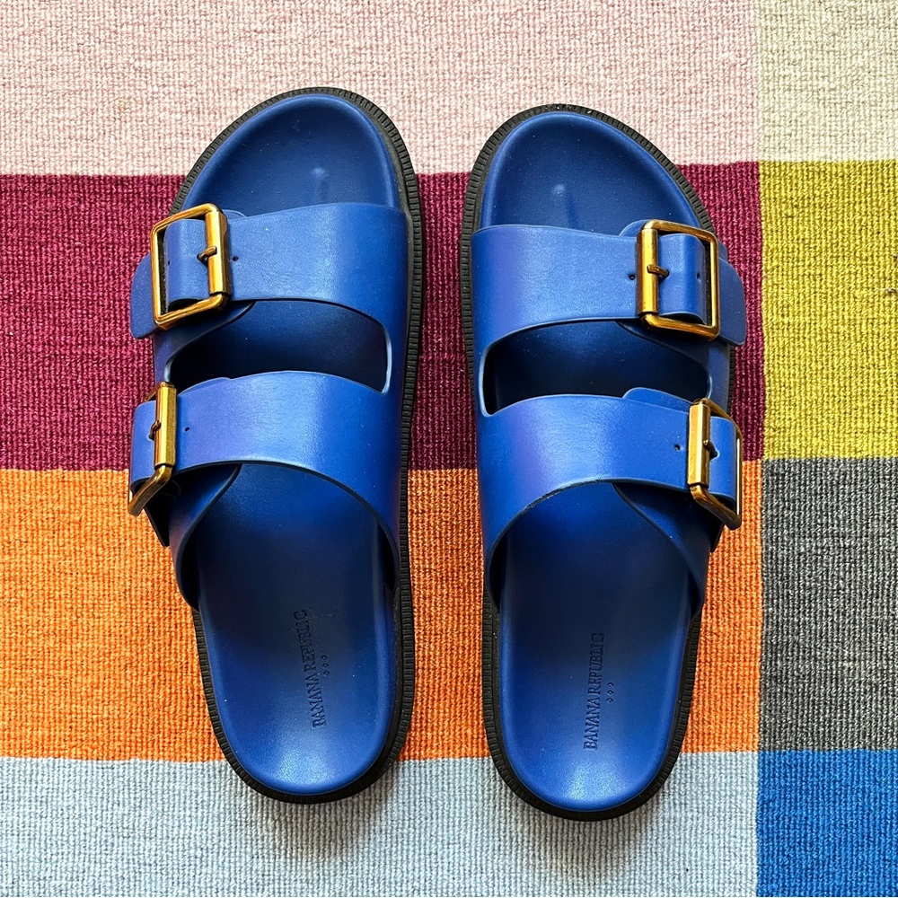 Blue Double Strap Sandals with Gold Buckles